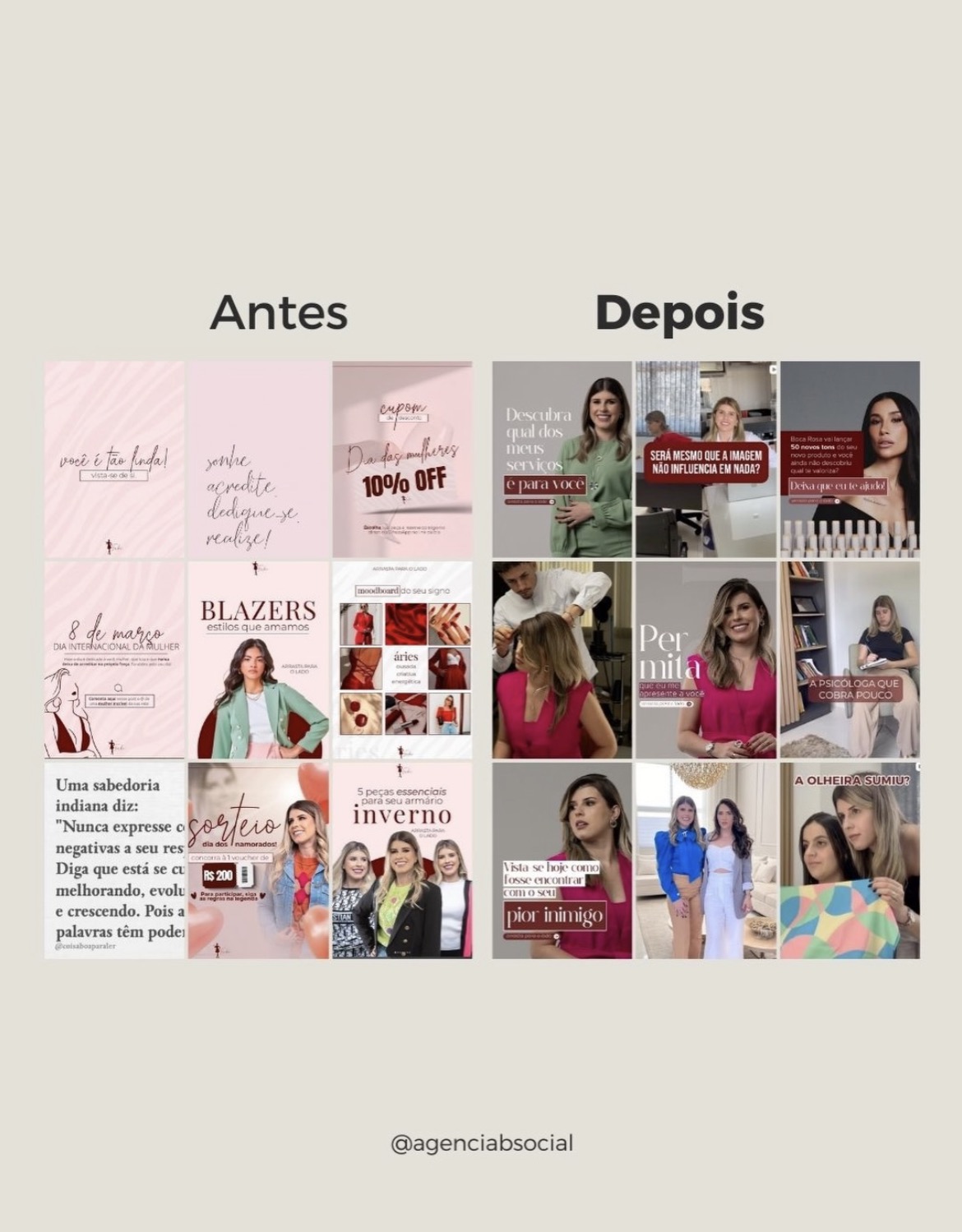 Antes e depois do feed de Instagram de Consultora de Imagem e Estilo - transformação completa pela BSocial