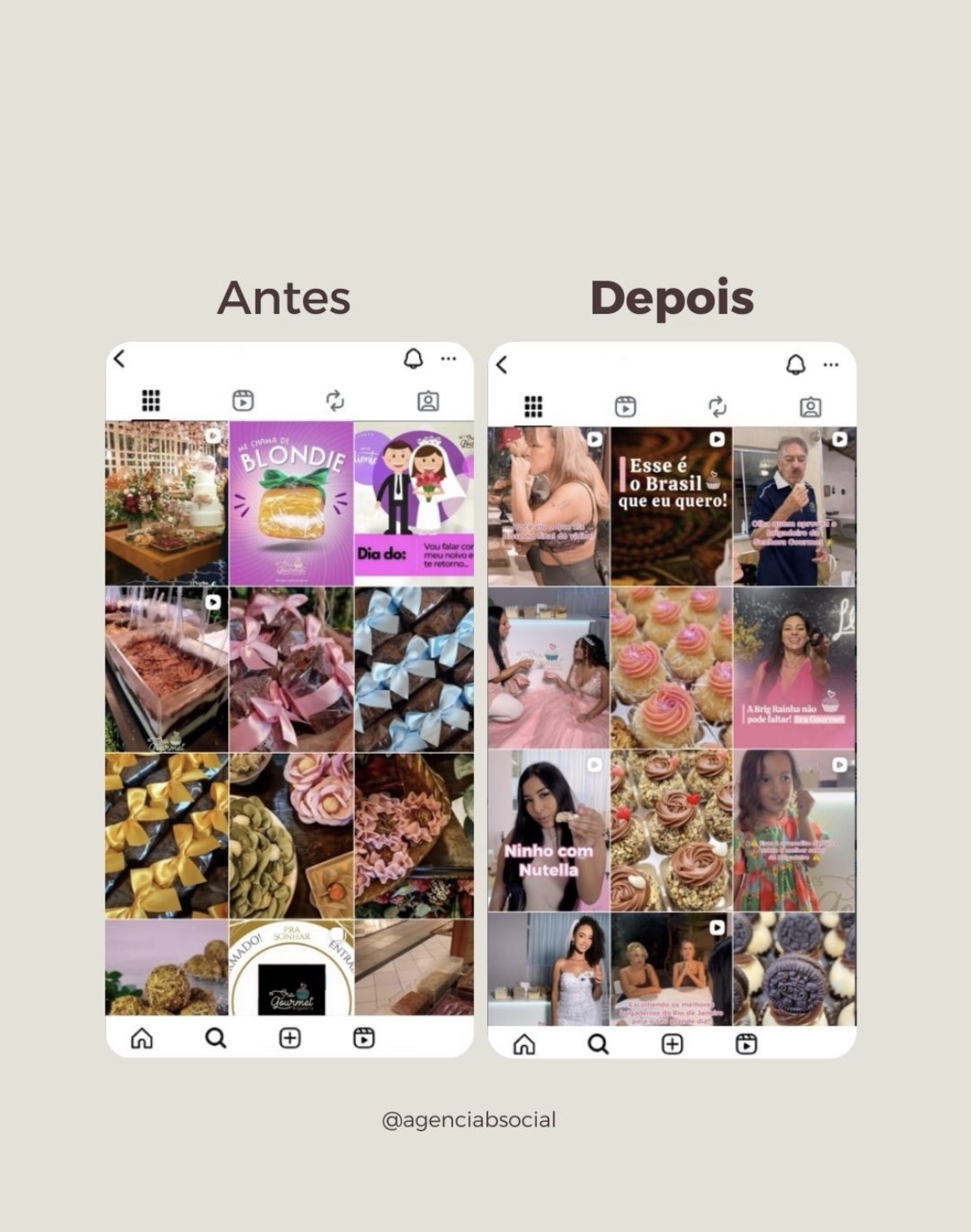 Antes e depois do feed de Instagram de Fábrica de Brigadeiros - crescimento digital pela BSocial